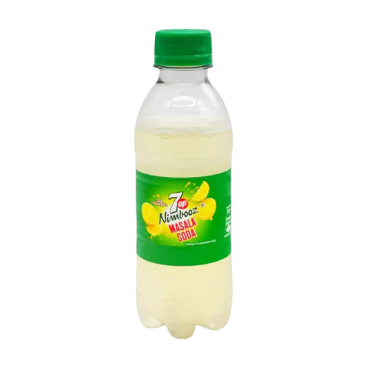 Bottle of 7up Nimbooz Masala Soda with green cap and label on a white background