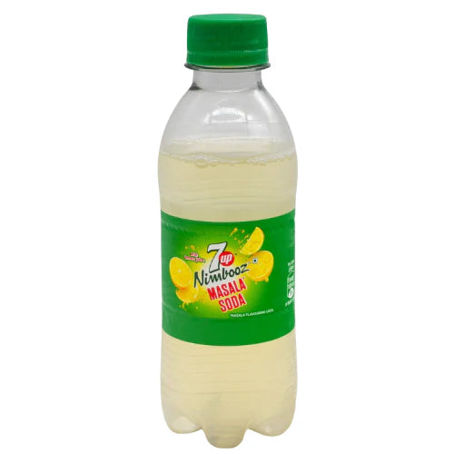Bottle of 7up Masala Soda with green cap and label on a white background