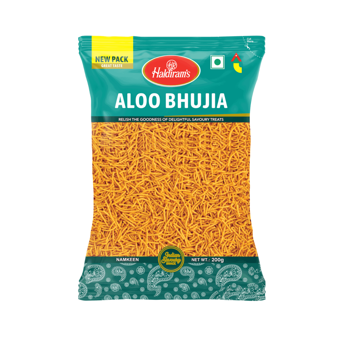 Packaged food item with 'Haldiram's Aloo Bhujia' branding on a white background