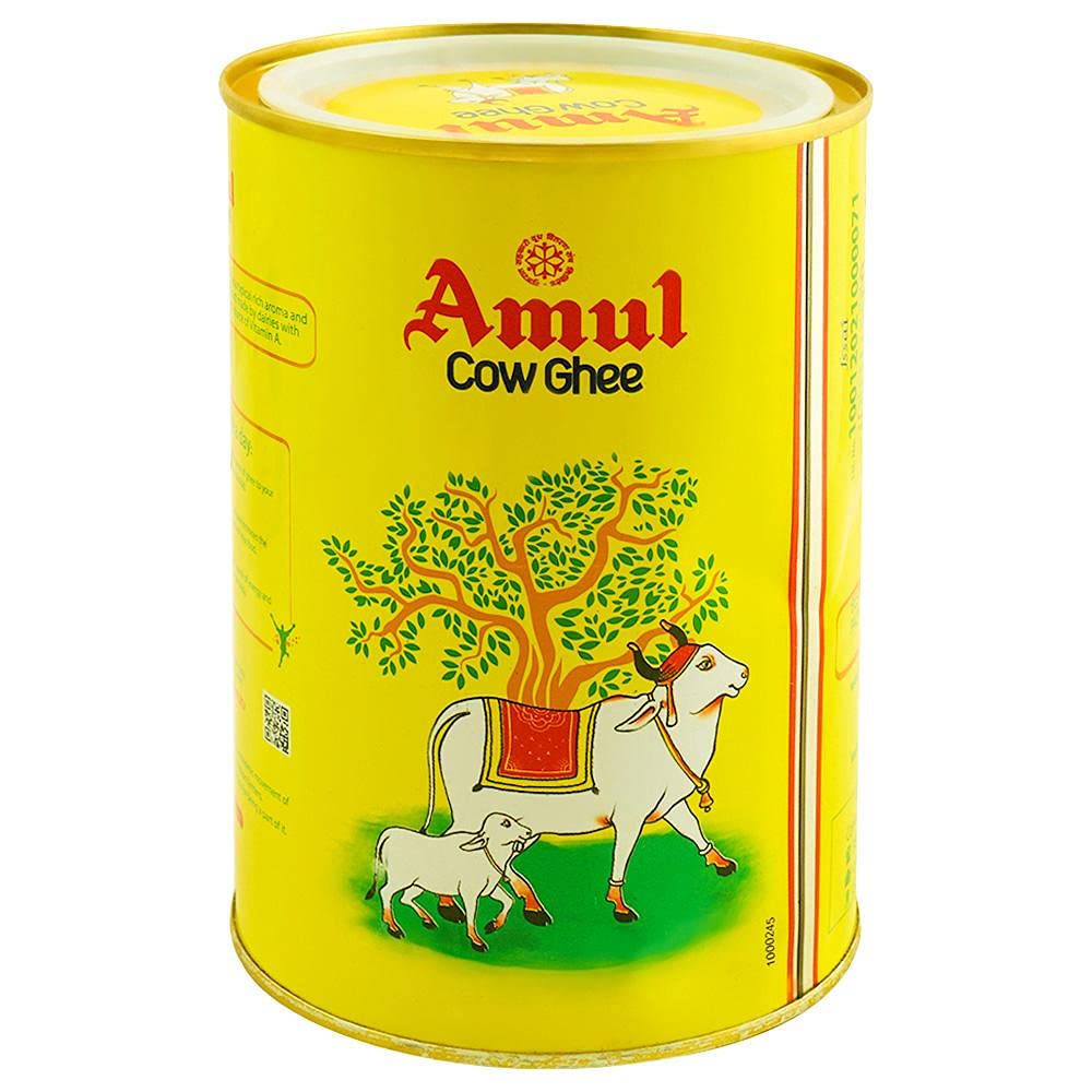 Amul Cow Ghee can with yellow label featuring a cow and calf illustration.