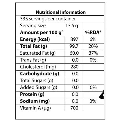 Nutritional information label for a food product with serving size, calories, and nutrient content.