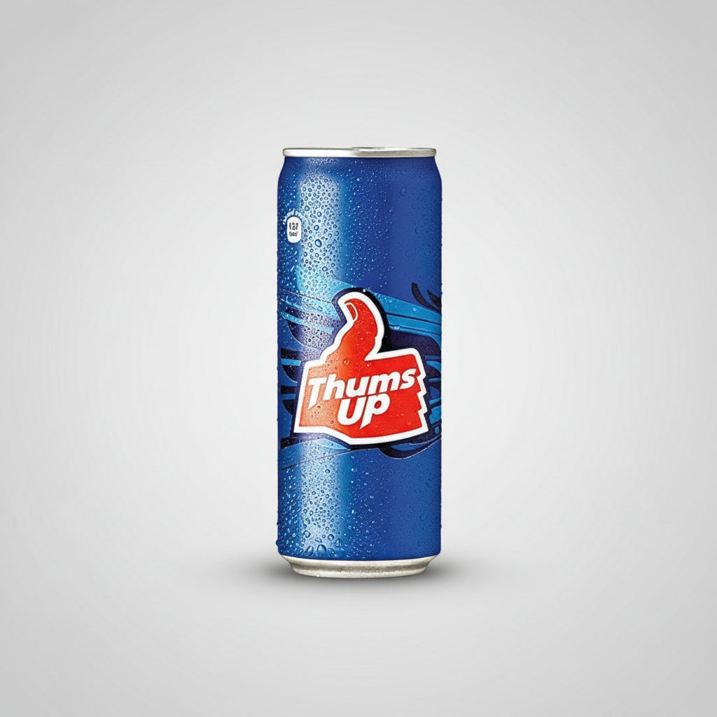 Blue can of Thums Up with brand logo on a white background