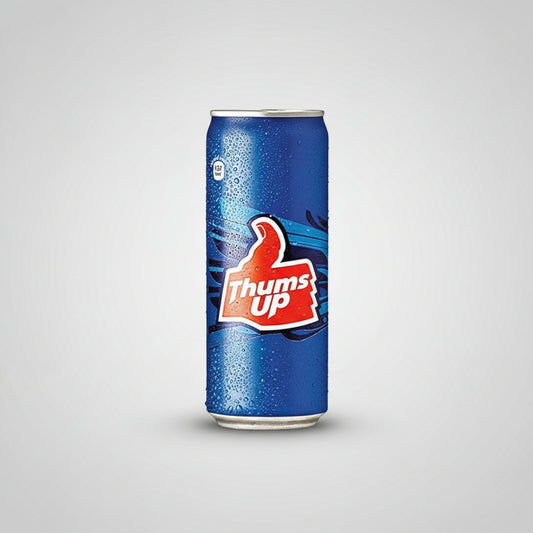 Blue can of Thums Up with brand logo on a white background