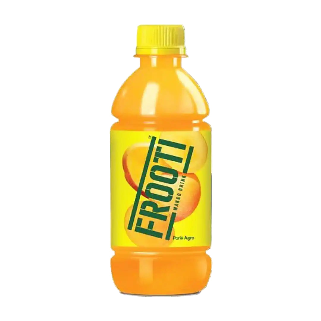Frooti Mango bottle with yellow cap on a white background