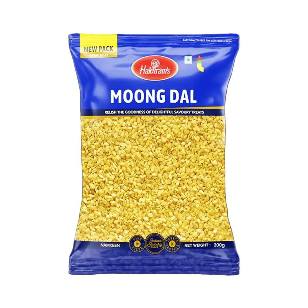 Packaged moong dal of Haldiram with a blue and yellow label on a white background