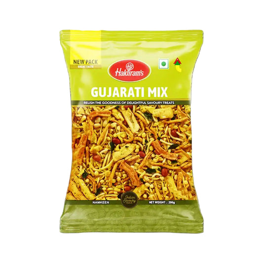 Packaged Haldiram's Gujarati Mix snack with Haldiram's branding on a white background
