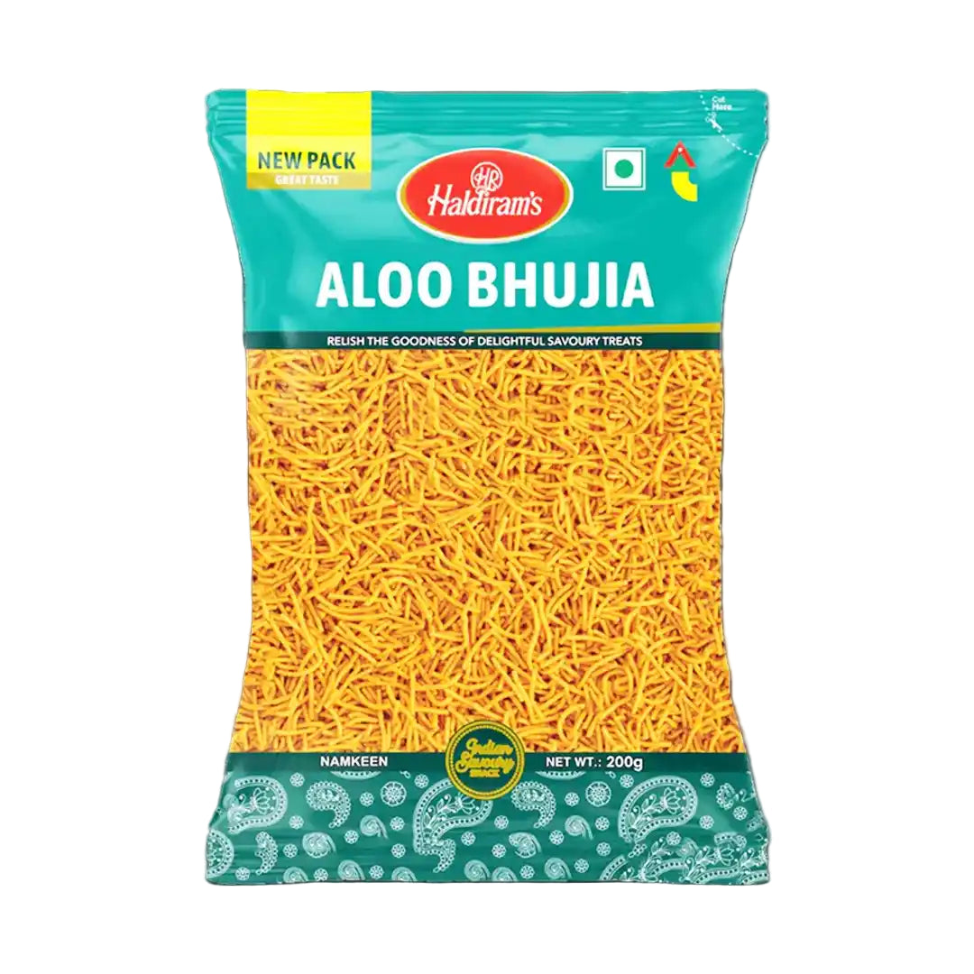 Packaged food item labeled 'Haldiram's Aloo Bhujia' with a brand logo on a gray background