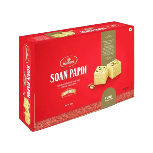 Red box of Haldiram's Soan Papdi on a white background