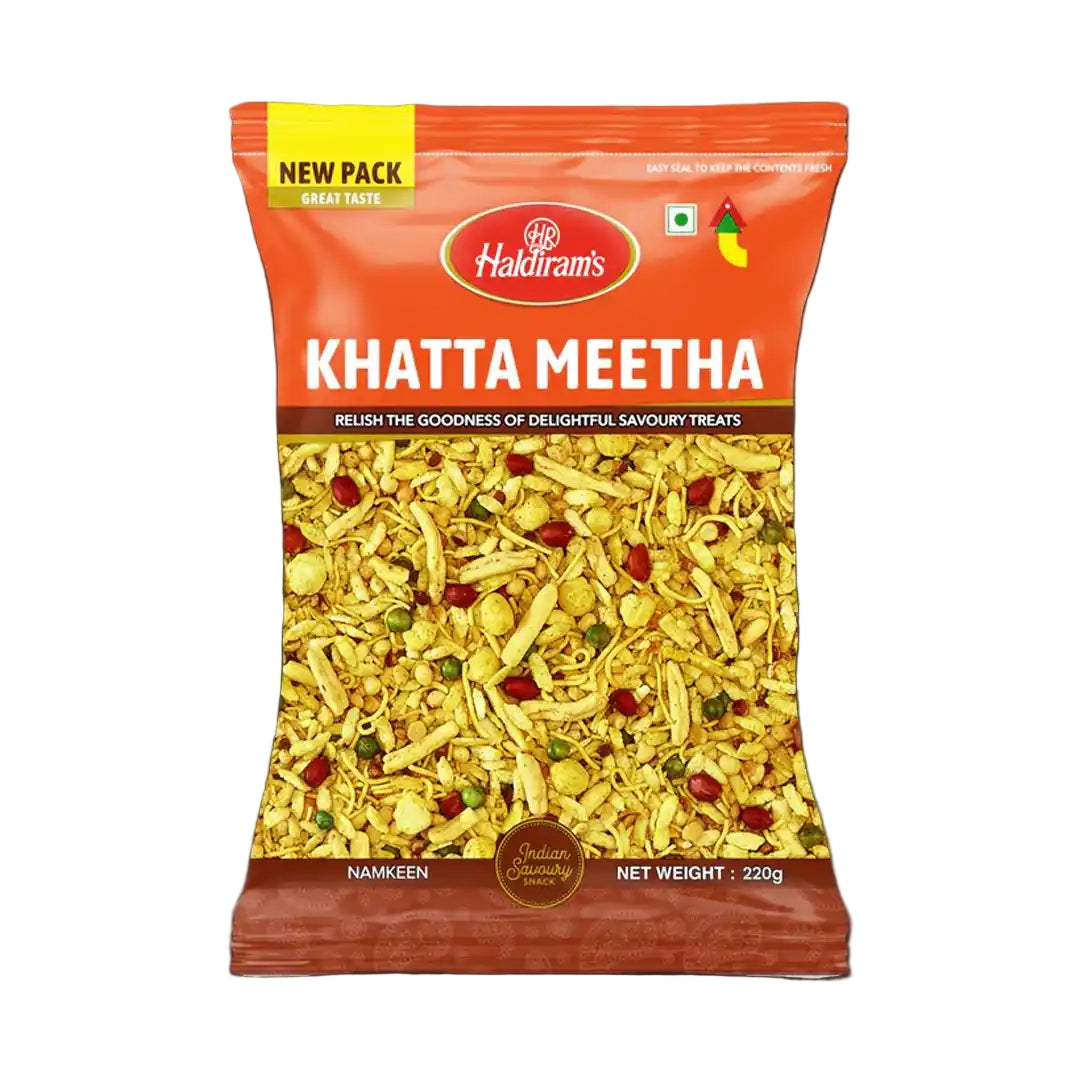Packaged snack named 'Khatta Meetha' with Haldiram's branding on a white background