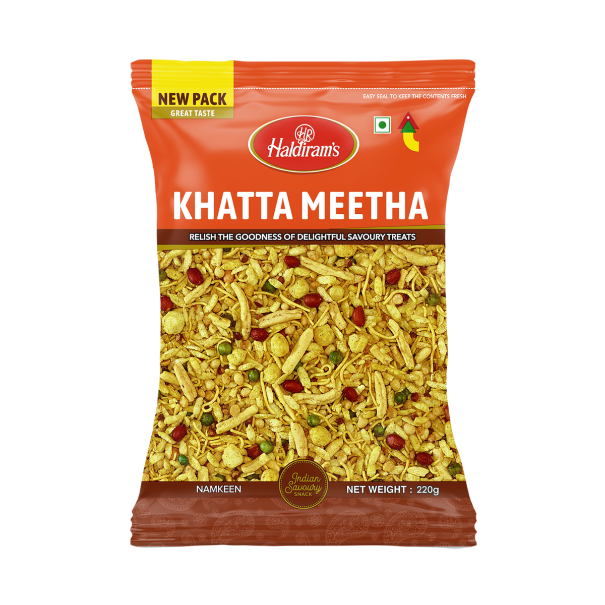 Packaged snack named 'Khatta Meetha' by Haldiram on a white background