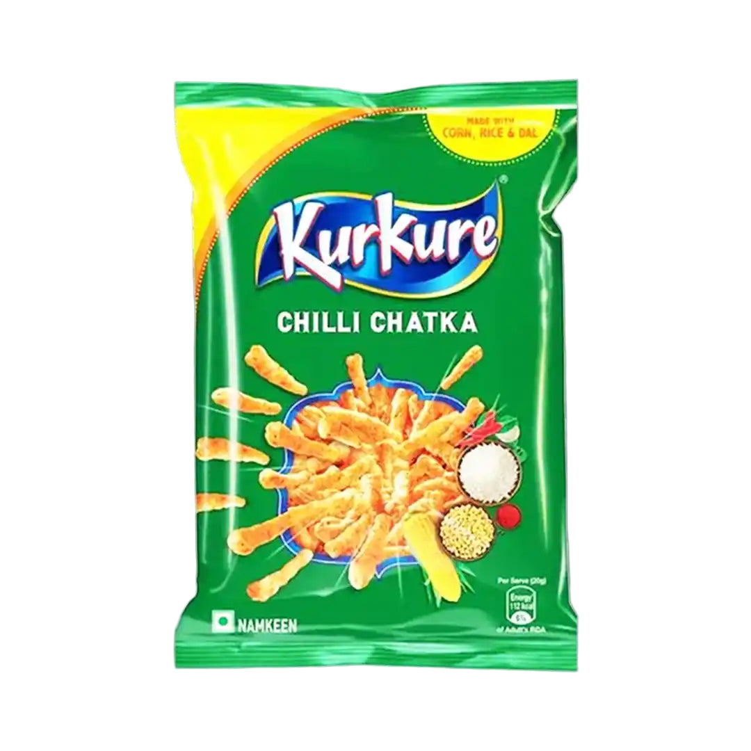 Green packet of Kurkure Chilli Chatka on a white background