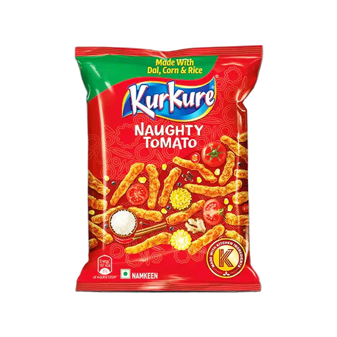 Kurkure Naughty Tomato snack packet on a white background