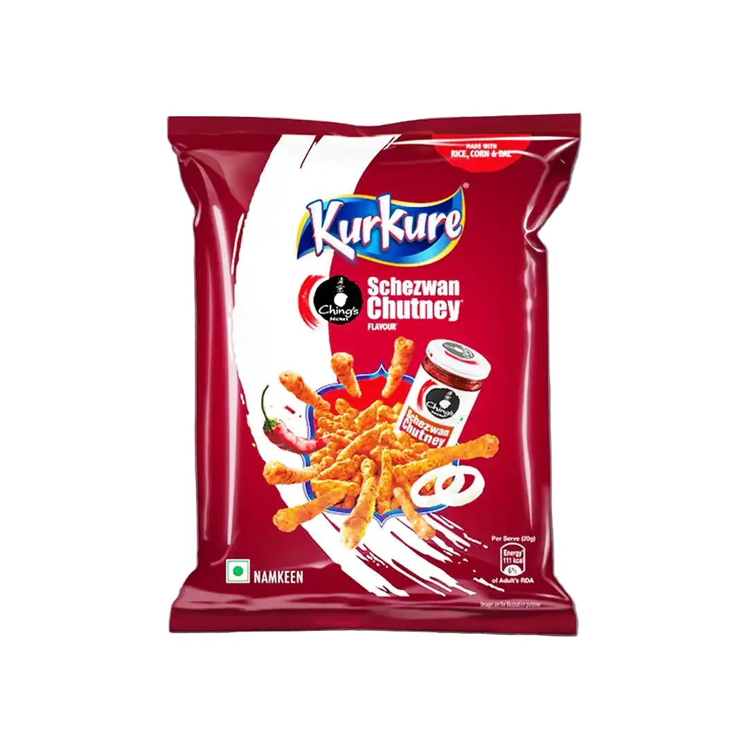 Kurkure Schezwan Chutney snack packet on a white background