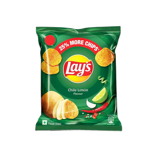 Green bag of Lay's Chile Limon flavored potato chips on a white background