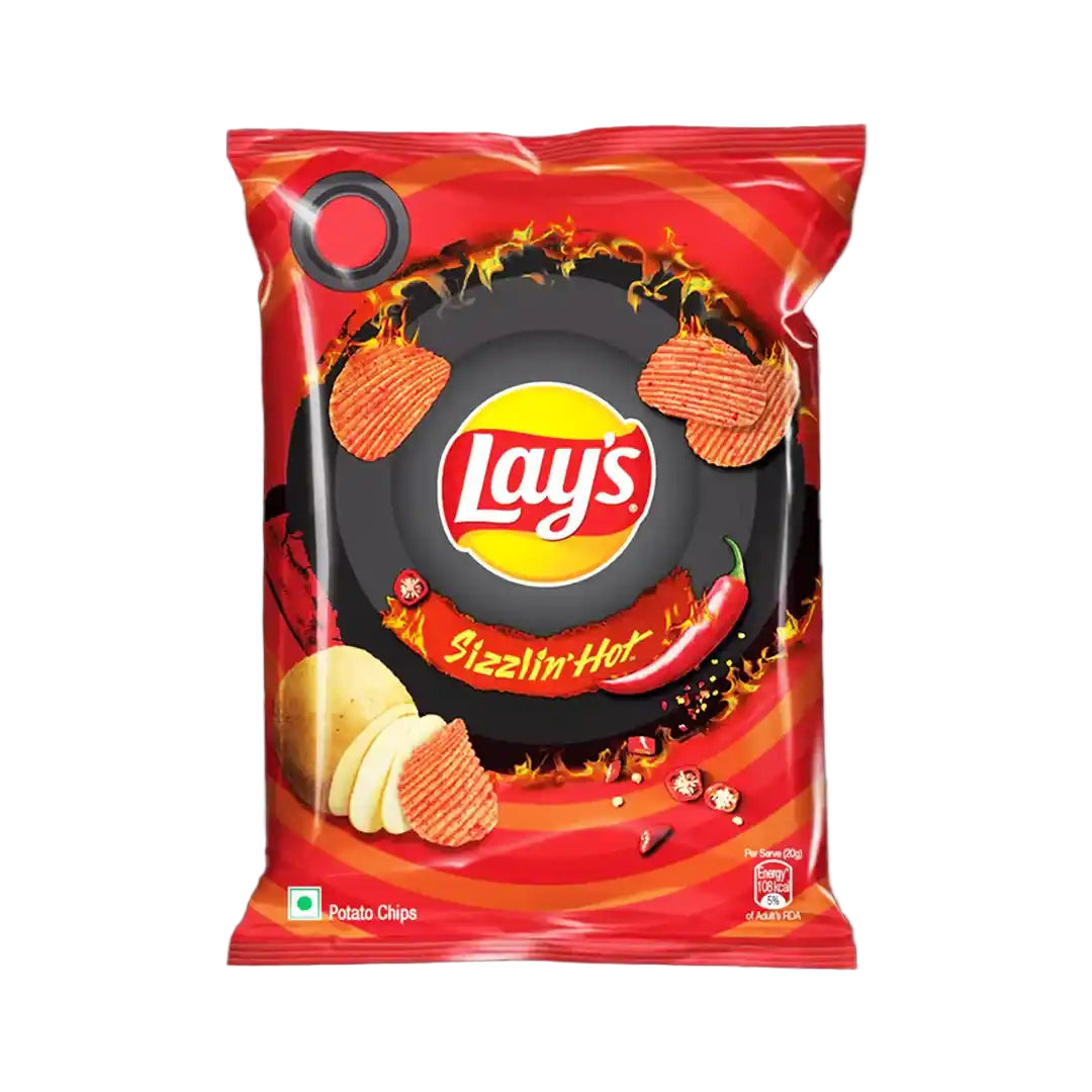 Lay's Sizzlin' Hot potato chips packaging on a white background