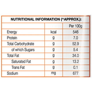 Nutritional information label for a food product showing calories, protein, carbohydrates, fat, and sodium per 100g.