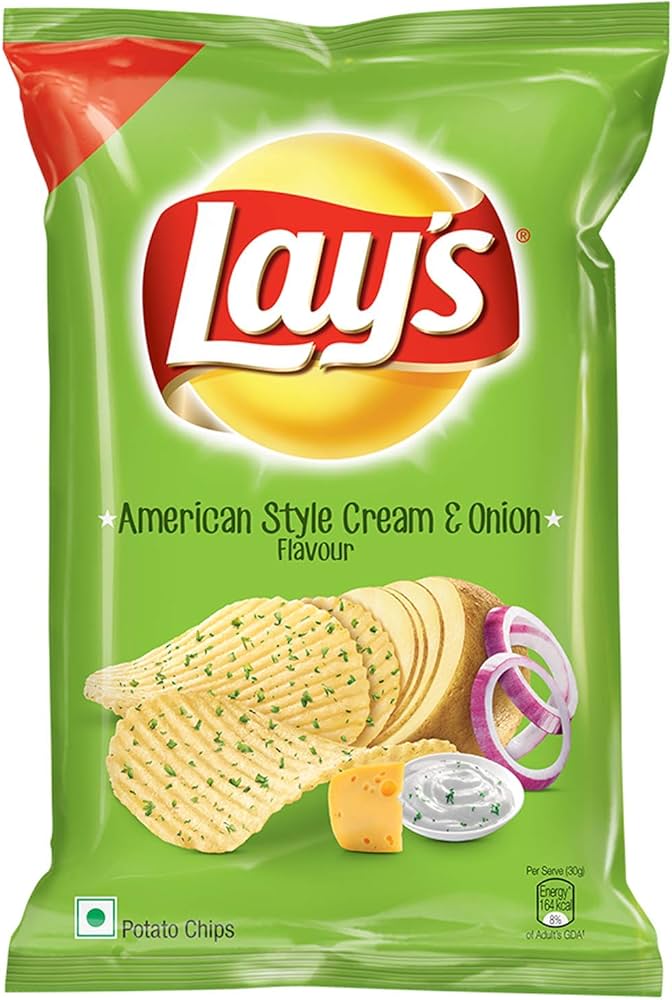 Lay's American Style Cream & Onion flavor potato chips packaging on a green background
