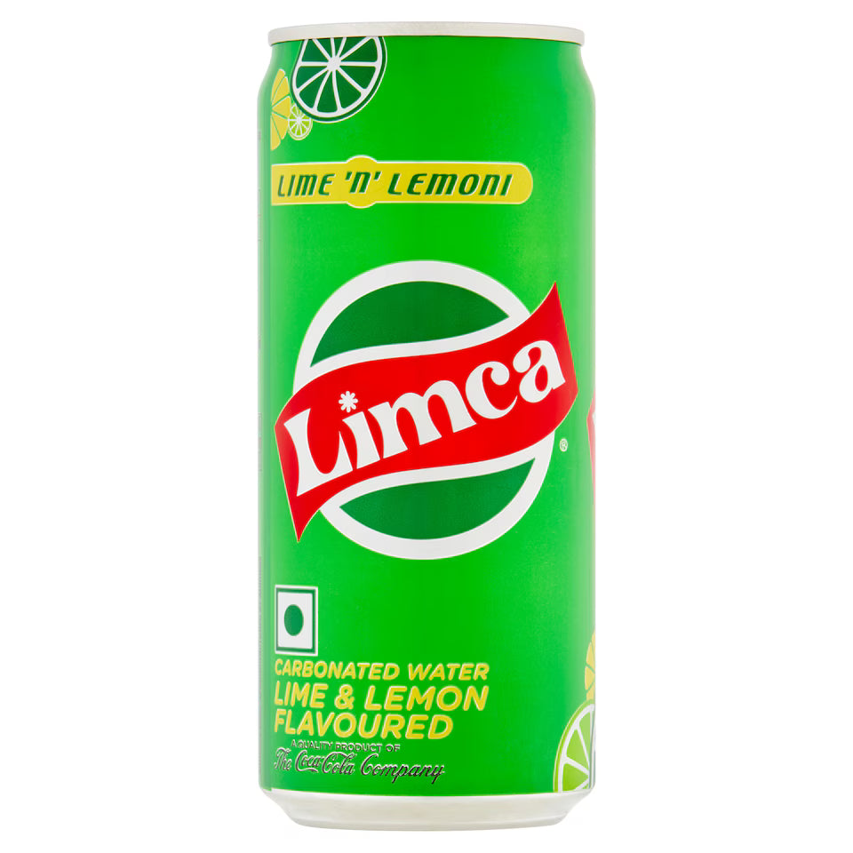 Green can of Limca lime and lemon-flavoured carbonated water on a white background