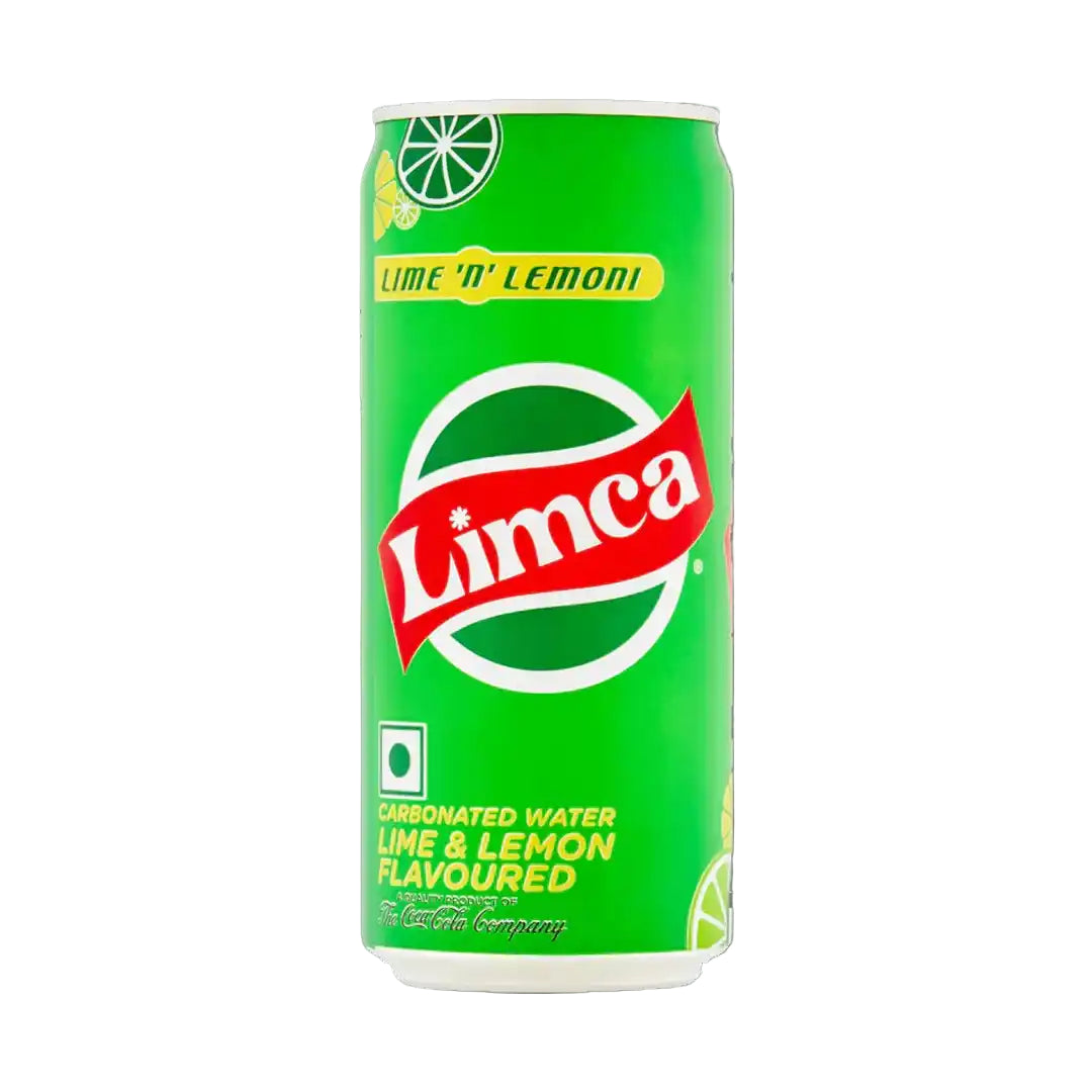 Green can of Limca lime and lemon-flavored carbonated water on a gray background