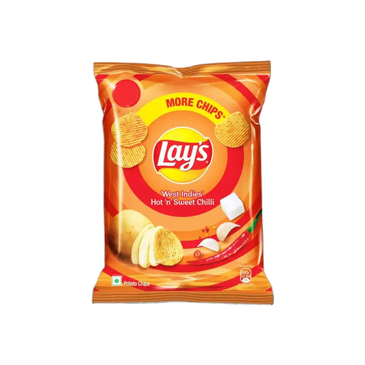Lay's West Indies Hot 'n Sweet Chilli potato chips packaging on a white background